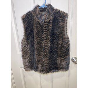 Faux Fur Tiger Print Vest Brown Black Zip Front Plush Winter Jacket Free Size